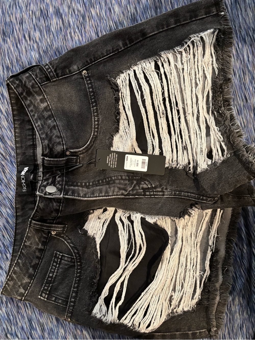 Fashion Nova Black Denim Shorts with White Fringe
